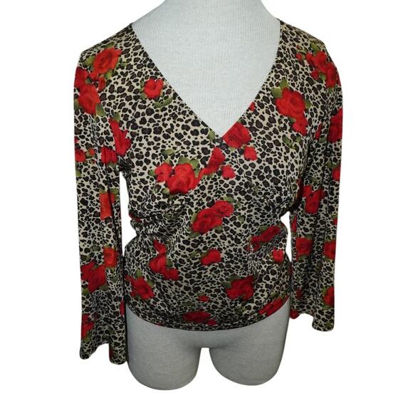 No Boundaries Leopard Print Red Rose Long Sleeve Stretch Top Juniors M - Picture 2 of 8